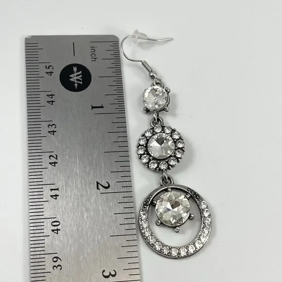 Silver Tone Boho Dangle Earrings White Glass Halo Round Rhinestones Bling - Picture 6 of 7